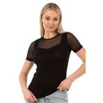 Özkan 26981 Kadın Premium Yumuşak Rahat Kumaş Ring Viskon Slim Fit Bisiklet Yaka Tül Detaylı Kısa Kollu Örme Bluz SİYAH