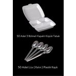 Özkan Ambalaj Temizlik 50 Adet 3 Bölmeli Kapaklı Köpük Tabak - 50 Adet Lüx ( Kalın ) Plastik Şeffaf Kaşık Mevlüd Seti