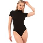 Özkan Underwear 0627 Kadın Pamuklu Likralı Penye Dik Yaka Kısa Kollu Kancalı Çıtçıtlı Body - Siyah - XL