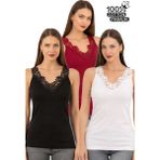Özkan Underwear Özkan 2001 3'lü Paket Kadın %100 Pamuklu Ribana Siyah Beyaz Bordo Dantelli Güpürlü Manolya Atlet - Siyah - Beyaz - Bordo