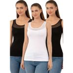 Özkan Underwear Özkan 20575 3'lü Paket Kadın Pamuklu Likralı Süprem Siyah Beyaz Tül Detaylı Kalın Askılı Atlet - 4XL - Siyah - Siyah - Beyaz
