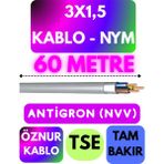 Öznur 3x1,5 Antigron (Nym) Kablo (Gri) Metre Seçenekli - 60 METRE