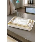 ÖzSa Home 3'lü Mermer Desenli Kulplu Gold Krem Melamin Tepsi Sunum Dekoratif Sofra Mutfak Çay Kahve Tepsi