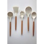 ÖzSa Home Bambu Saplı Beyaz Çizmez Silikon Kevgir Kepçe Kaşık Makarna Salata Kaşığı Spatula 5'li Servis Set - Krem