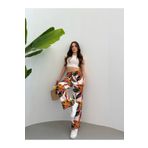Ozy Fashion Beyaz-Turuncu Desenli Beli Lastikli Bağlama Detaylı Wide Leg/Geniş Paça Viskon Palazzo Pantolon