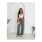 Ozy Fashion Haki (Yeşil)%100 Pamuk Bağcıklı Geniş Paça Keten Pantolon Haki S