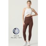 Ozy Fashion Kışlık Polarlı Fitilli Kadın Yüksek Bel Dikişsiz Tayt Kahverengi S