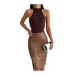 Ozy Fashion Taba Renk Yüksek Bel,içi Şardonlu,yırtmaçlı,beli Fermuarlı,kalem Deri Etek Açık Kahverengi-L