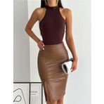 Ozy Fashion Taba Renk Yüksek Bel,İçi Şardonlu,Yırtmaçlı,Beli Fermuarlı,Kalem Deri Etek Açık Kahverengi M