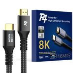 P4 Kendinizi 8K Parlaklığa Bırakın! 15FT Sertifikalı HDMI Kablosu 2.1 - Ultra Yüksek Hız, Örgülü, 8K@60Hz, 4K@120Hz, eARC, HDR10+, Atmos - Apple TV, Roku, Netflix, PS5 ve Daha Fazlası için Mükemmel!