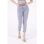 Paçaları Dekoratif Damla Taşlı Yüksek Belli Cepli Bilek Boylu Kadın Kot Pantolon Kar AçıkMavi Denim