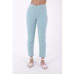 Paçaları Dikişsiz ve Yüksek Belli Cepli Astarsız Kadın Kot Pantolon Mom Fit Jean Aqua Mavi Denim