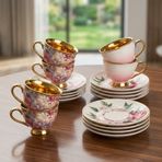Paçi Garden 6 Kişilik Çiçekli Yaldızlı Porselen Kahve Fincan Takımı