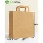 Packolay Flat Saplı Kraft Kağıt Çanta 32X21X32 cm – Doğal Kahverengi, Dayanıklı, Baskısız Çanta-25 Adet