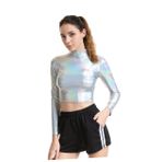 PACKOVE Bralet Suni Deri Dar Gömlek Pvc Deri Uzun Kollu Bluz Balıkçı Yaka Uzun Kollu Crop Kadın Tank Tops Metalik Uzun Kollu Crop Bayan Bluz Bayan Giyimi Bayanlar İnce Beden