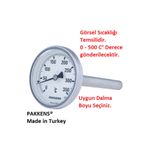 Pakkens Çap Ø63mm 500 C° Derece 10 Cm Arkadan Dalma Boylu Termometre, Paslanmaz Çelik Problu