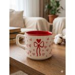Palto Tasarım Kalpli Kurdele Sarmal Tasarımlı Beyaz Venüs Kupa - Hediyelik Kupa Fincan Mug - 195 ml