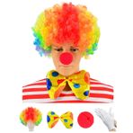 Palyaço Kostümü - Palyaço Gökkuşağı Peruk + Palyaço Burun + Papyon + Beyaz Eldiven 4'lü Set, Gökkuşağı, One Size