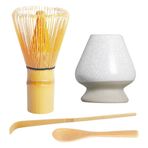 PAMENET 4 parçalı Matcha seti: El yapımı bambu çırpıcı (Chasen) ve geleneksel çay kaşığı, matcha kaşığı ve seramik çırpma standı