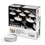 PAMI Premium Uzun Ömürlü Tealight Mumlar [100'lü Paket] - Kokusuz Çay Mumları 2,5 Saat Yanma Süresi - Güzel Alevli Parafin Tealights - Adak Mumlukları için Mükemmel Yuvarlak Mumlar