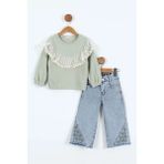 Pampal Kız Çocuk (6-9 Yaş) Güpür Detylı Fitilli Sweatshirt -Kot Pantolonlu 2'li Takım - Su Yeşili - 7 Yaş