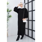 Pamuk Butik Kadın Antrasit Tesettür Balon Kol Triko Elbise -PMK184 - Siyah - Standart
