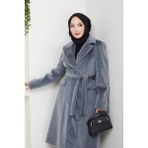 Pamuk Butik Kadın Astarlı Kuşaklı Tüylü Fox Kaban -PMK473 - Koyu Gri - 40