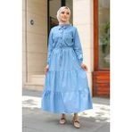 Pamuk Butik Kadın Cepli Büzgü Detaylı Kot Elbise - Açık Mavi - 44