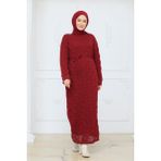 Pamuk Butik Kadın Ispanyol Kol Fitilli Fileli Içlikli Triko Elbise -PMK517 - Kırmızı - Standart