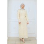 Pamuk Butik Kadın Ispanyol Kol Fitilli Fileli Içlikli Triko Elbise -PMK517 - Sarı - Standart