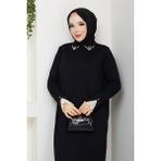 Pamuk Butik Kadın Kolu Dantelli Gömlek Yaka Elbise -PMK464 - Siyah - Standart