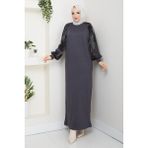Pamuk Butik Kadın Kolu Ipek Kupra Merserize Triko Elbise -PMK484 - Antrasit - Standart