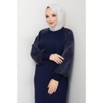 Pamuk Butik Kadın Kolu Ipek Kupra Merserize Triko Elbise -PMK484 - Lacivert - Standart