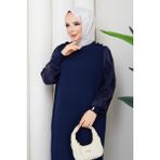 Pamuk Butik Kadın Kolu Ipek Kupra Merserize Triko Elbise -PMK529 - Lacivert - Standart