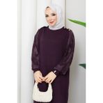 Pamuk Butik Kadın Kolu Ipek Kupra Merserize Triko Elbise -PMK529 - Mürdüm - Standart