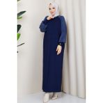 Pamuk Butik Kadın Kolu Ipek Kupra Yarım Balıkçı Yaka Merserize Triko Elbise -PMK497 - Lacivert - Standart