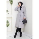 Pamuk Butik Kadın Kürk Detaylı Kuşaklı Astarlı Kaşe Kaban -PMK474 - Gri - 38