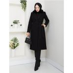 Pamuk Butik Kadın Kürk Detaylı Kuşaklı Astarlı Kaşe Kaban -PMK474 - Siyah - 38