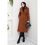 Pamuk Butik Kadın Kürk Detaylı Kuşaklı Astarlı Kaşe Kaban -PMK474 - Taba - 44