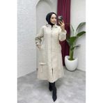 Pamuk Butik Kadın Yandan Cepli Çıkarılabilir Kapüşonlu Kapitone Mont -PMK510 - Krem - 46