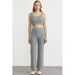 Pamuk Crop Pantolon Triko Takım - Gri