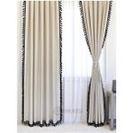 PAMUKIDEA Siyah Ponponlu - Püsküllü %100 Pamuklu Buldan Keten Perde - Tek Kanat - (En x Boy) - 120 x 150 cm - Siyah - Bej