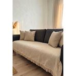Pamuklu Bohem Koltuk Örtüsü Kare Desenli Püsküllü Yıkanabilir Kanepe Örtüsü Kaymaz Şık Modern Salon Bej