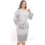 Pamuklu Gri Renkli Kapşonlu Peştemal Bornoz Sabahlık Plaj Elbisesi - L - XL