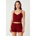 Pamuklu Iğne Çıkarmalı Ince Askılı Crop Atlet Paçası Fırfırlı Şort Kadın Pijama Takımı - Bordo - 2XL