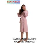 Pamuklu Kapüşonlu Genç Garson Boy Unisex Cepli Bukle Kadife Bornoz - Gülkurusu
