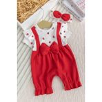 Pamuklu Kız Bebek Yazlık Tulum Takım Set Bandanalı Fiyonklu - 6 - 9 Ay - Kırmızı