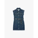 Pamuklu Kolsuz Kuşak Detaylı Gömlek Yaka Denim Elbise