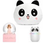 Panda Temalı Dekoratif Tasarıma Sahip Hediye Seti – Peluş Panda Yastık + Buhar Makinesi Nemlendirici + Melek Figürlü Kar Küresi | Dekoratif Hediye Seti