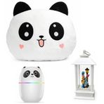 Panda Temalı Dekoratif Tasarıma Sahip Hediye Seti – Peluş Panda Yastık + Buhar Makinesi Nemlendirici + Sevgili Figürlü Kar Küresi | Dekoratif Hediye Seti